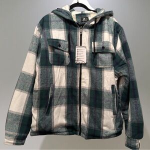 NWT Men’s Green Plaid Hooded Sherpa Fleece Lined Coat Jacket Size XL
